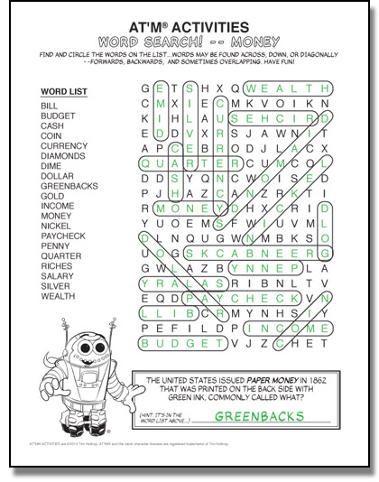 Preview of answers to AT'M® ACTIVITIES -- Word Search -- Money