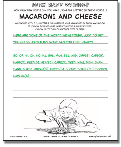 Preview of answers to How Many Words - Macaroni and Cheese