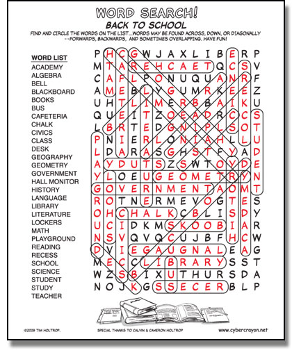 Preview of answers to Word Search - Back to School