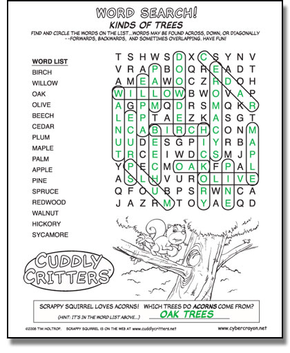 Preview of answers to Word Search - Kinds of Trees