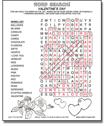 Preview of answers to Word Search - Valentine's Day!