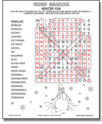 Preview of answers to Word Search - Winter Fun
