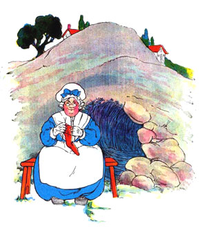 Illustration for the nursery rhyme, The Old Woman Under a Hill, by Blanche Fisher Wright - from The Real Mother Goose