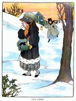 Illustration for the nursery rhyme, Lucy Locket, by Blanche Fisher Wright - from The Real Mother Goose
