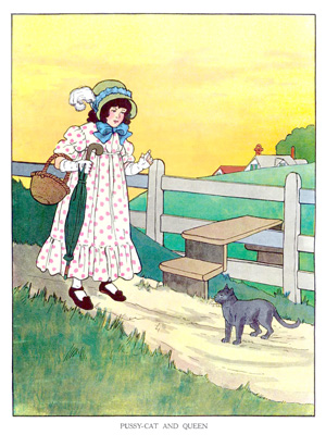 Illustration for the nursery rhyme, Pussy-cat and Queen, by Blanche Fisher Wright - from The Real Mother Goose