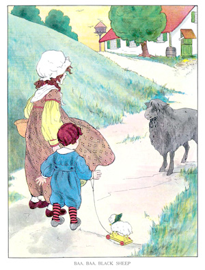 Illustration for the nursery rhyme, Baa, Baa, Black Sheep, by Blanche Fisher Wright - from The Real Mother Goose